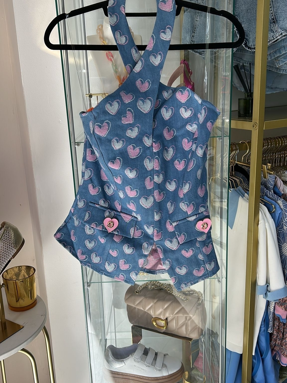 Blue Denim Heart Print Corset Top with Pink Heart Buttons